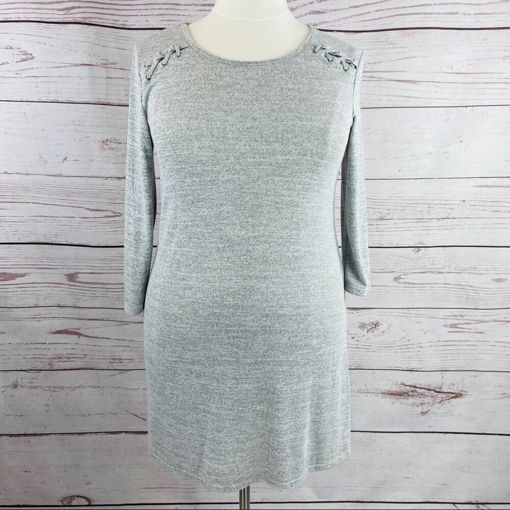 Emily Stacy heather grey sweater dress shoulder accent Large